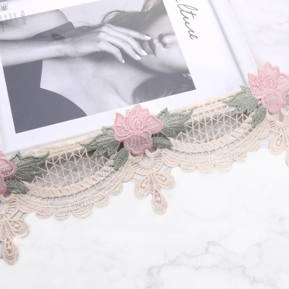 15 Yards Embroidery Lace Trim Floral Lace Design Ribbon Sewing for DIY Handmade Sewing Dress Curtains Border Decoration (Beige, 15 Yard)
