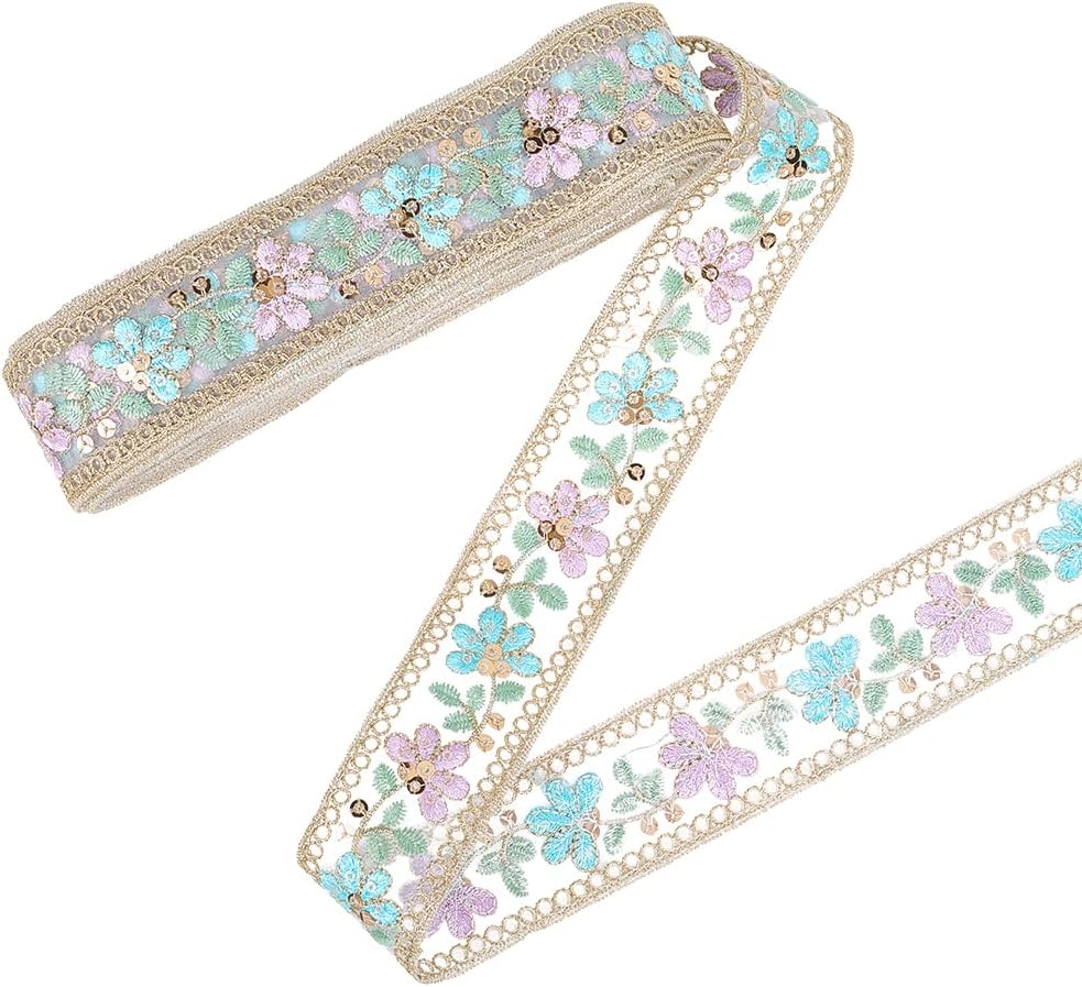 10 Yards 1.69 Inch Floral Jacquard Ribbon Trim Tape Sheer Organza Embroidered Ribbons Boho Flower Embroidery Woven Fabric Applique Trimming for Sewing Making Crafts Clothes Costume Wedding