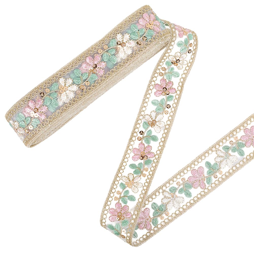 10 Yards 1.69 Inch Floral Jacquard Ribbon Trim Tape Sheer Organza Embroidered Ribbons Boho Flower Embroidery Woven Fabric Applique Trimming for Sewing Making Crafts Clothes Costume Wedding