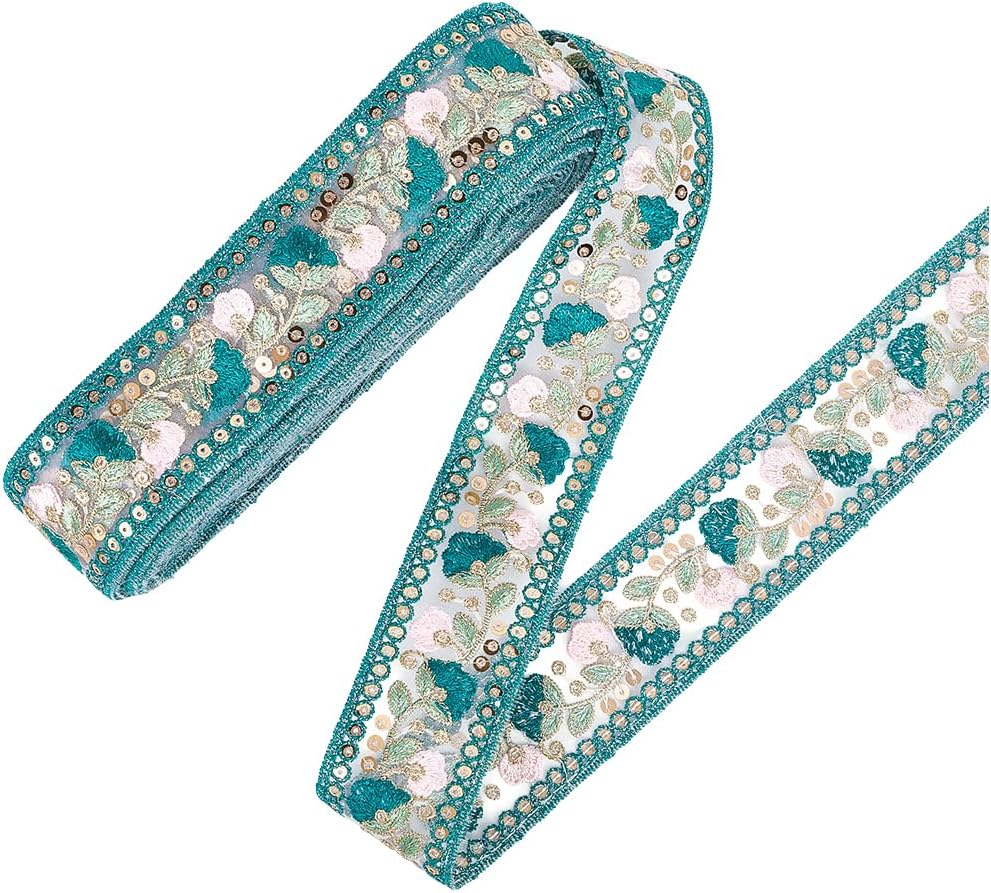 10 Yards Blue Embroidered Ethnic Style Jacquard Ribbon Vintage Sequin Floral Embroidery Woven Trim Flower Pattern Sheer Bridal Garland Ribbons for Sewing Making Crafts Clothes Home Decor