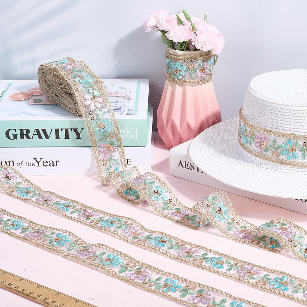 10 Yards 1.69 Inch Floral Jacquard Ribbon Trim Tape Sheer Organza Embroidered Ribbons Boho Flower Embroidery Woven Fabric Applique Trimming for Sewing Making Crafts Clothes Costume Wedding