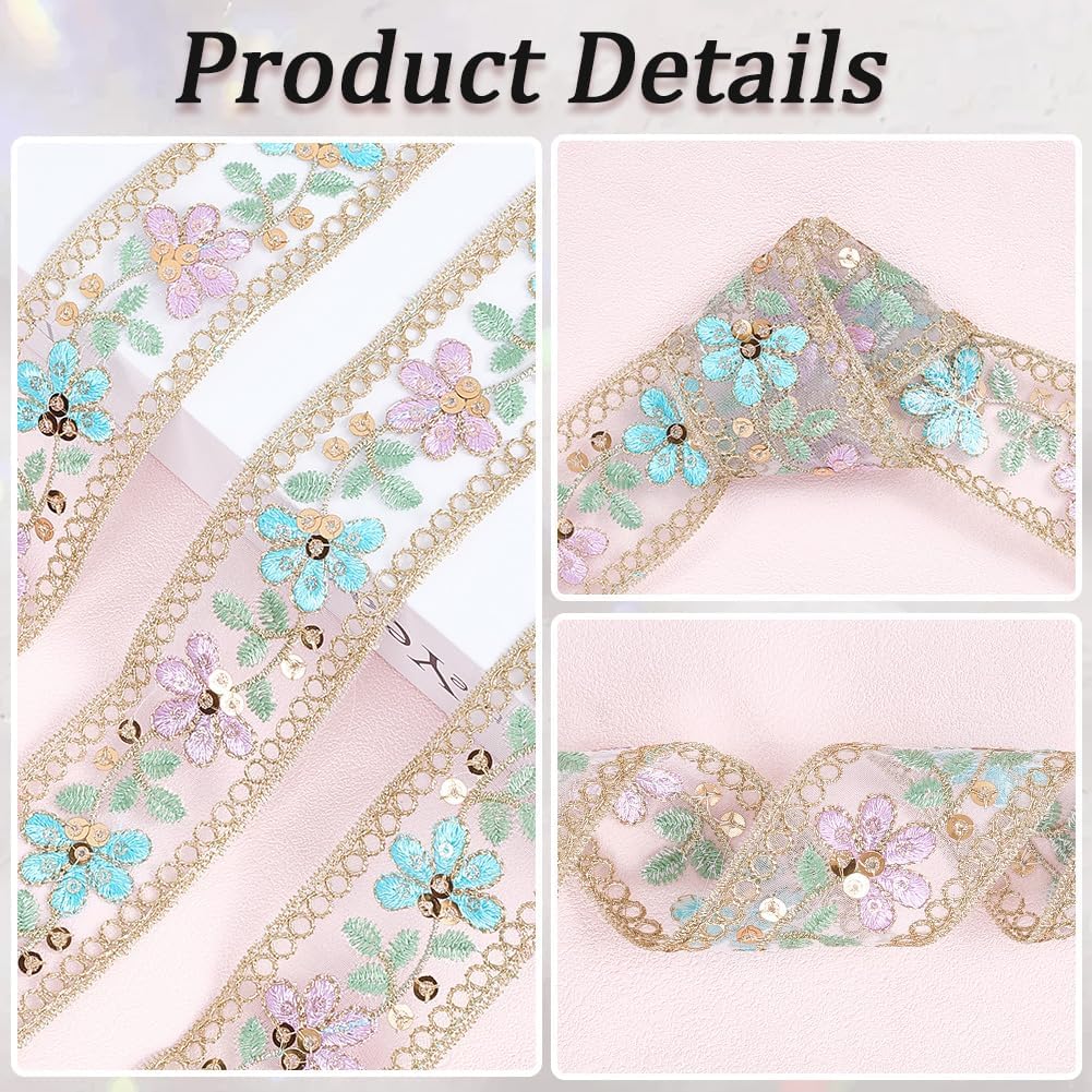 10 Yards 1.69 Inch Floral Jacquard Ribbon Trim Tape Sheer Organza Embroidered Ribbons Boho Flower Embroidery Woven Fabric Applique Trimming for Sewing Making Crafts Clothes Costume Wedding