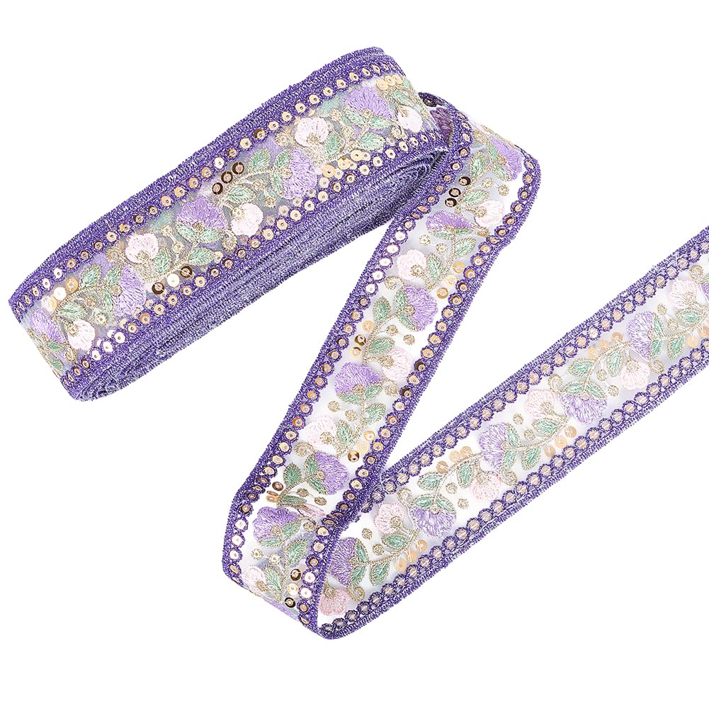 10 Yards Blue Embroidered Ethnic Style Jacquard Ribbon Vintage Sequin Floral Embroidery Woven Trim Flower Pattern Sheer Bridal Garland Ribbons for Sewing Making Crafts Clothes Home Decor