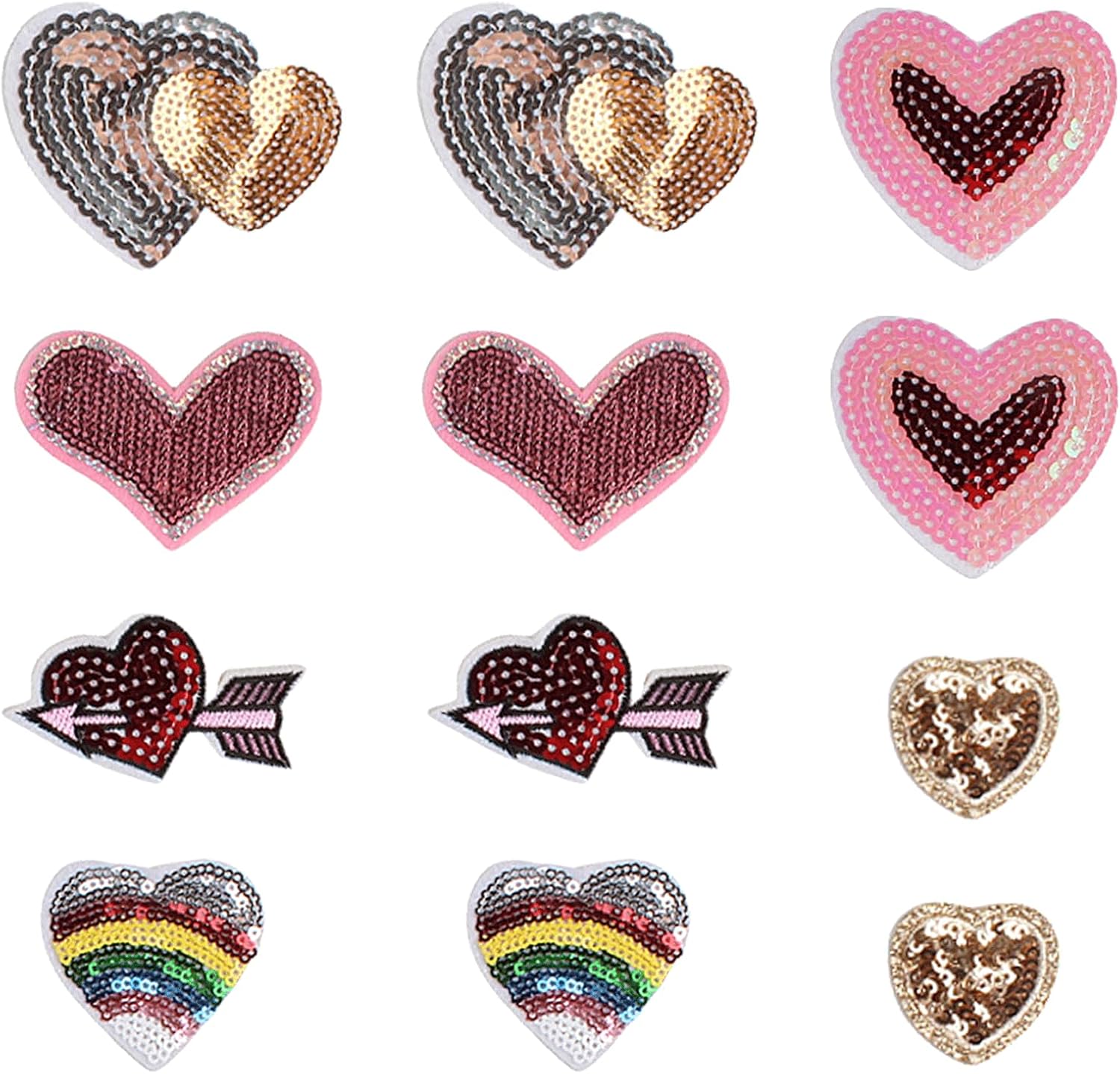 12PCS Sequin Heart Iron on Patches, Love Heart Theme Glitter Embroidered Applique Patches, Valentine's Day Sequin Embroidery Patches for Clothes Backpack Jean Hat Bag DIY Sewing Craft Decoration