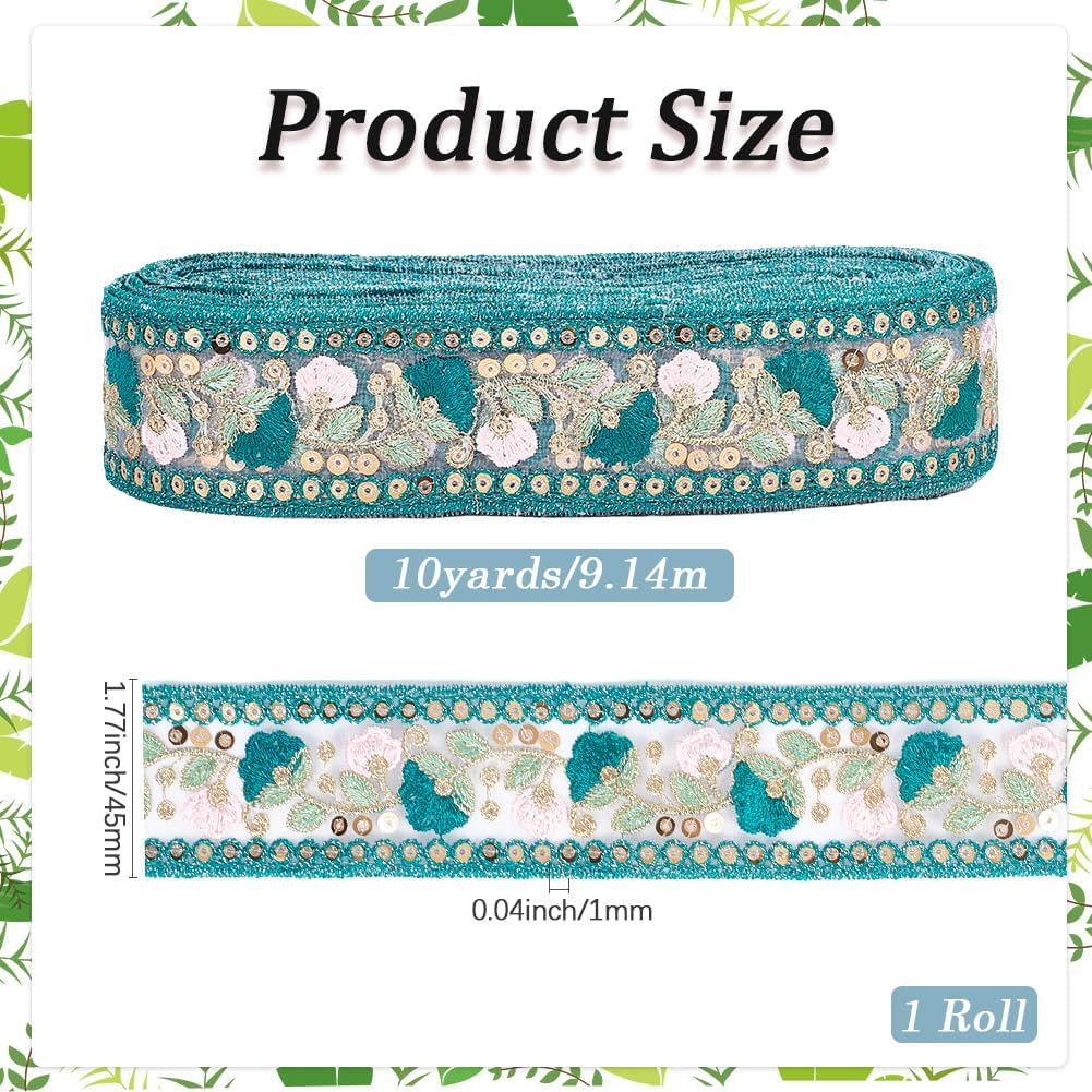 10 Yards Blue Embroidered Ethnic Style Jacquard Ribbon Vintage Sequin Floral Embroidery Woven Trim Flower Pattern Sheer Bridal Garland Ribbons for Sewing Making Crafts Clothes Home Decor