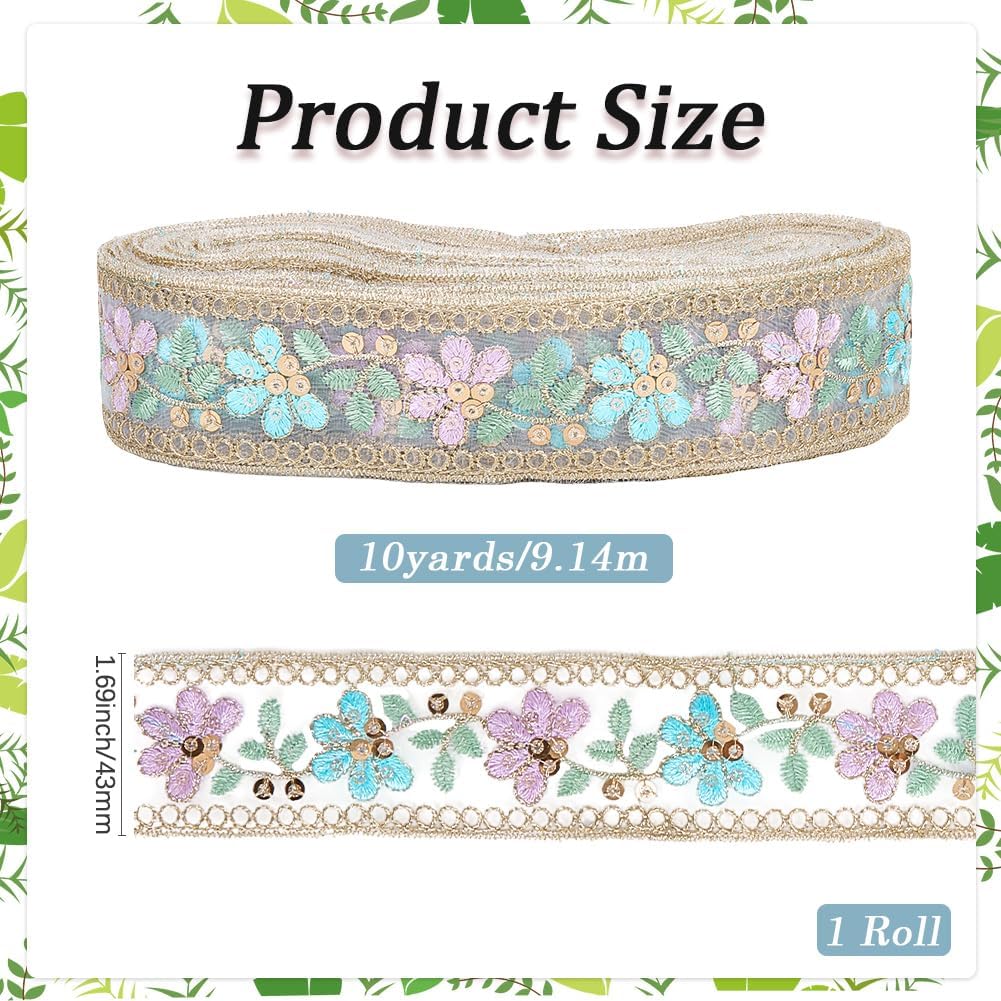 10 Yards 1.69 Inch Floral Jacquard Ribbon Trim Tape Sheer Organza Embroidered Ribbons Boho Flower Embroidery Woven Fabric Applique Trimming for Sewing Making Crafts Clothes Costume Wedding