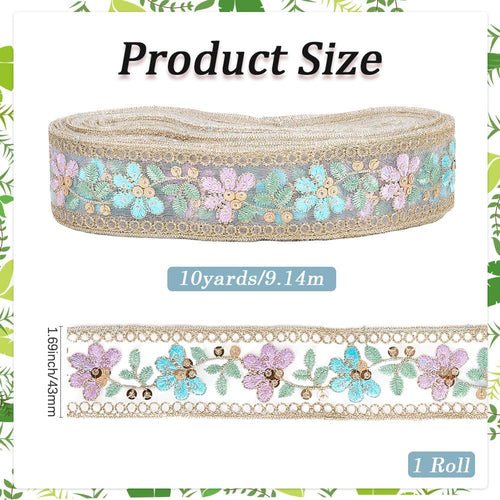 10 Yards 1.69 Inch Floral Jacquard Ribbon Trim Tape Sheer Organza Embroidered Ribbons Boho Flower Embroidery Woven Fabric Applique Trimming for Sewing Making Crafts Clothes Costume Wedding