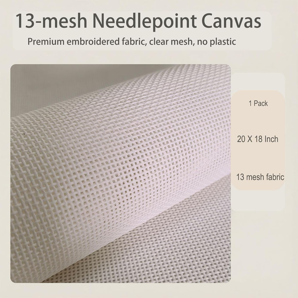 13 Mesh Needlepoint Canvas - 20x18 Inch 100% Cotton Embroidery Canvas Blank White Cloth for Needlepoint DIY Craft Projects, 1-Pack