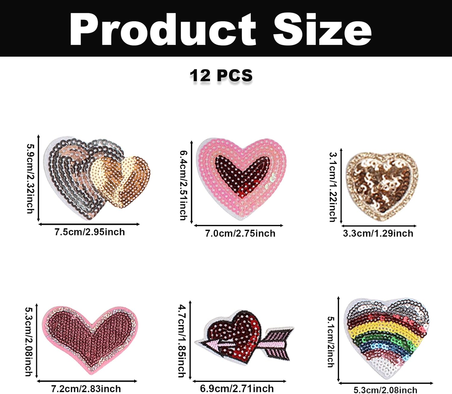 12PCS Sequin Heart Iron on Patches, Love Heart Theme Glitter Embroidered Applique Patches, Valentine's Day Sequin Embroidery Patches for Clothes Backpack Jean Hat Bag DIY Sewing Craft Decoration