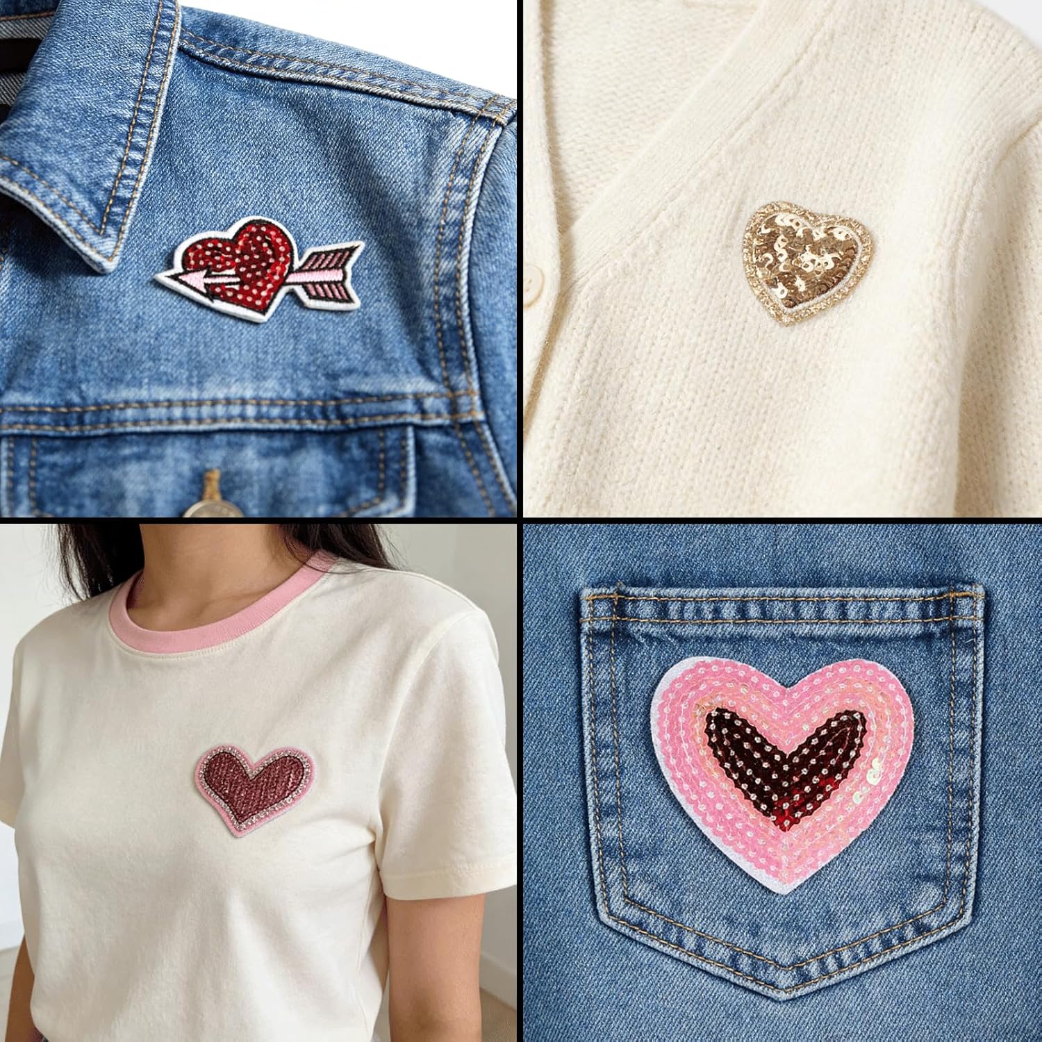 12PCS Sequin Heart Iron on Patches, Love Heart Theme Glitter Embroidered Applique Patches, Valentine's Day Sequin Embroidery Patches for Clothes Backpack Jean Hat Bag DIY Sewing Craft Decoration