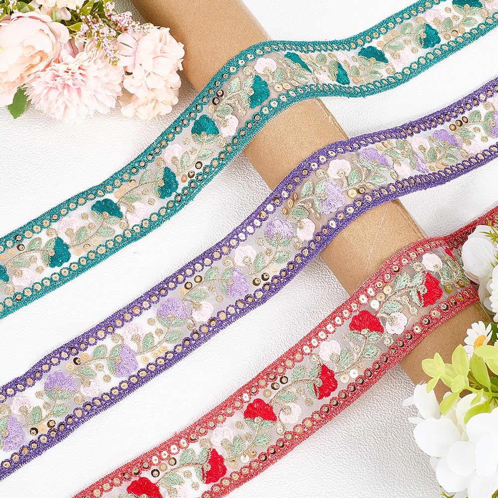 10 Yards Blue Embroidered Ethnic Style Jacquard Ribbon Vintage Sequin Floral Embroidery Woven Trim Flower Pattern Sheer Bridal Garland Ribbons for Sewing Making Crafts Clothes Home Decor