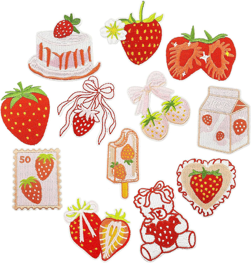 12PCS Pink Strawberry Iron on Patches, Kawaii Embroidered Applique Patch, Food Themed Sew on Emblem, Coquette Aesthetic Embroidery Patches for Clothes Backpack Jeans Jacket Hat Bag DIY Sewing Craft