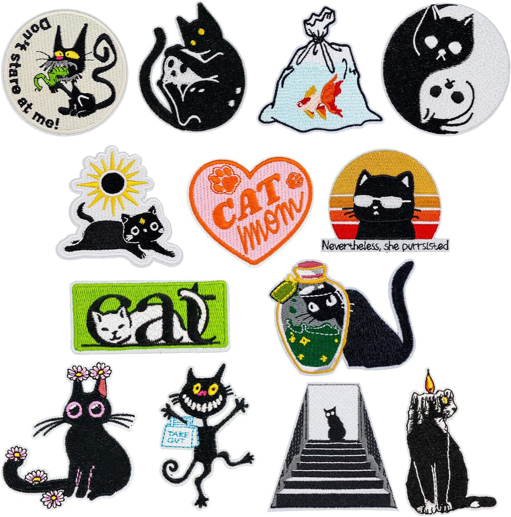 13PCS Black Cat Iron On Patches Aesthetic Meme Style Kitten Patches Funny Cute Cat Embroidery Appliques for Clothing Denim Jackets Jeans Backpacks Trucker Hats Phone Case DIY Crafts Gifts