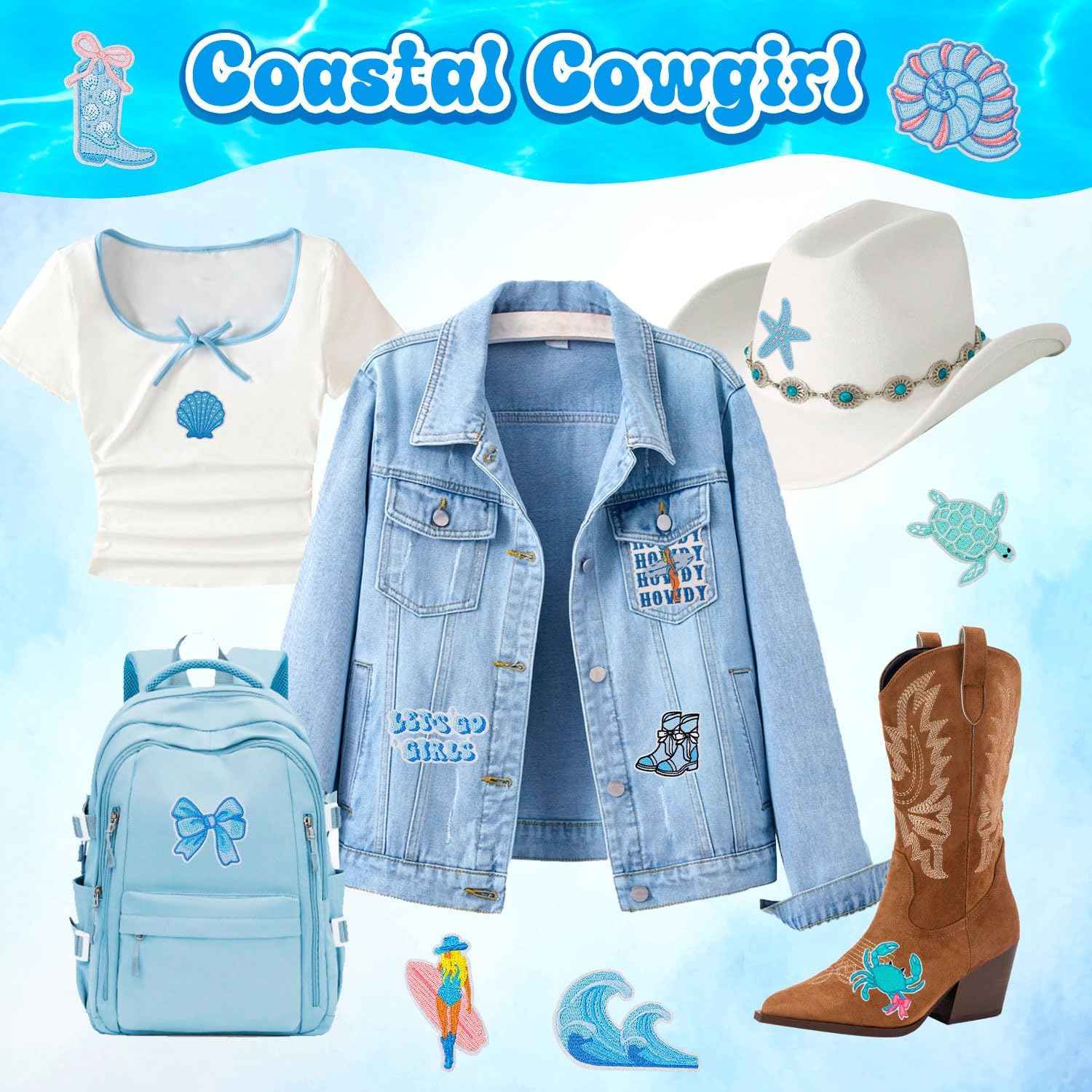 16PCS Coastal Cowgirl Iron On Patches Seahorse Turtle Boots Wave Western Ocean Themed Embroidery Appliques for Denim T-Shirt Jackets Jeans Vests Trucker Hats Backpacks Bags Repair DIY Crafts(Blue)