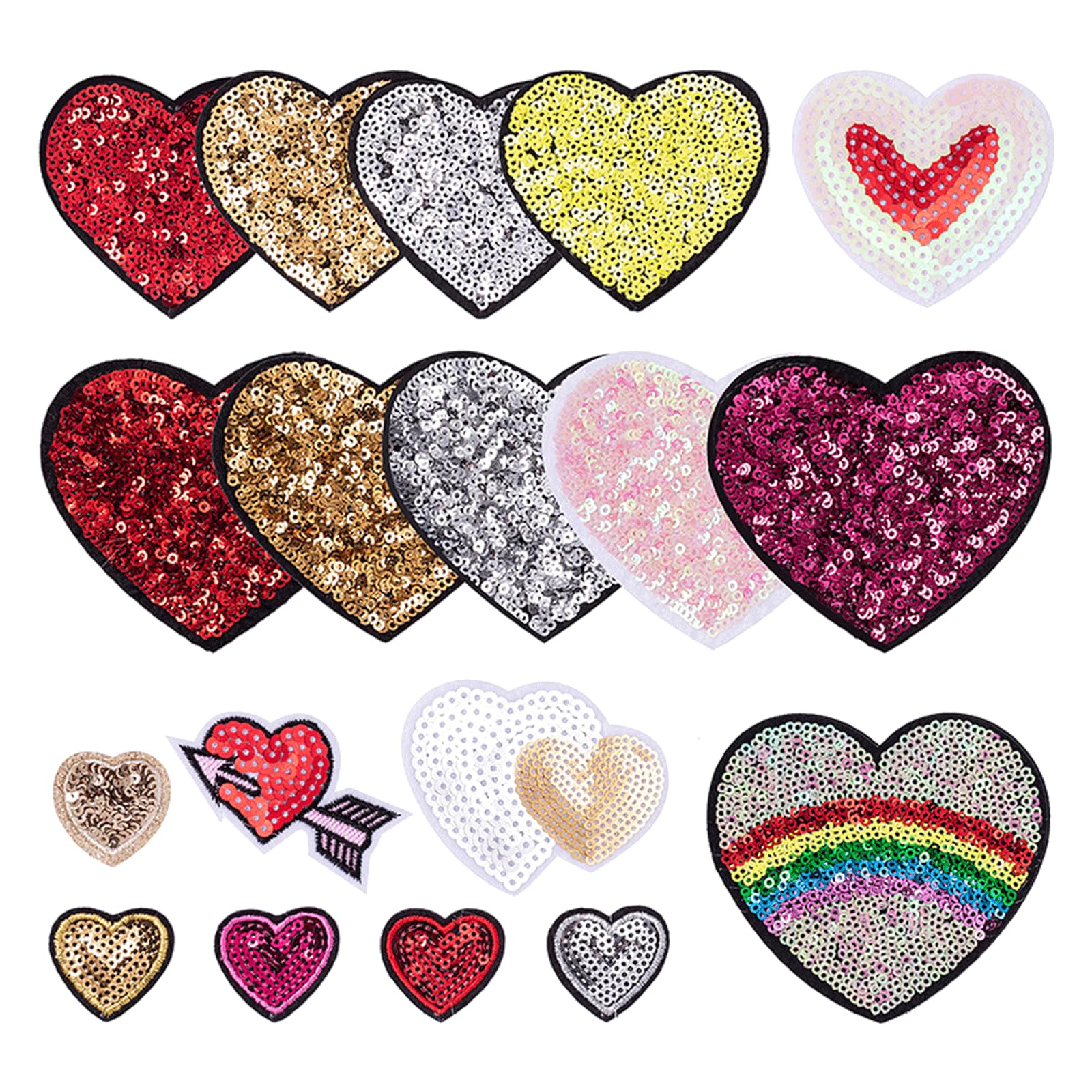 12PCS Sequin Heart Iron on Patches, Love Heart Theme Glitter Embroidered Applique Patches, Valentine's Day Sequin Embroidery Patches for Clothes Backpack Jean Hat Bag DIY Sewing Craft Decoration