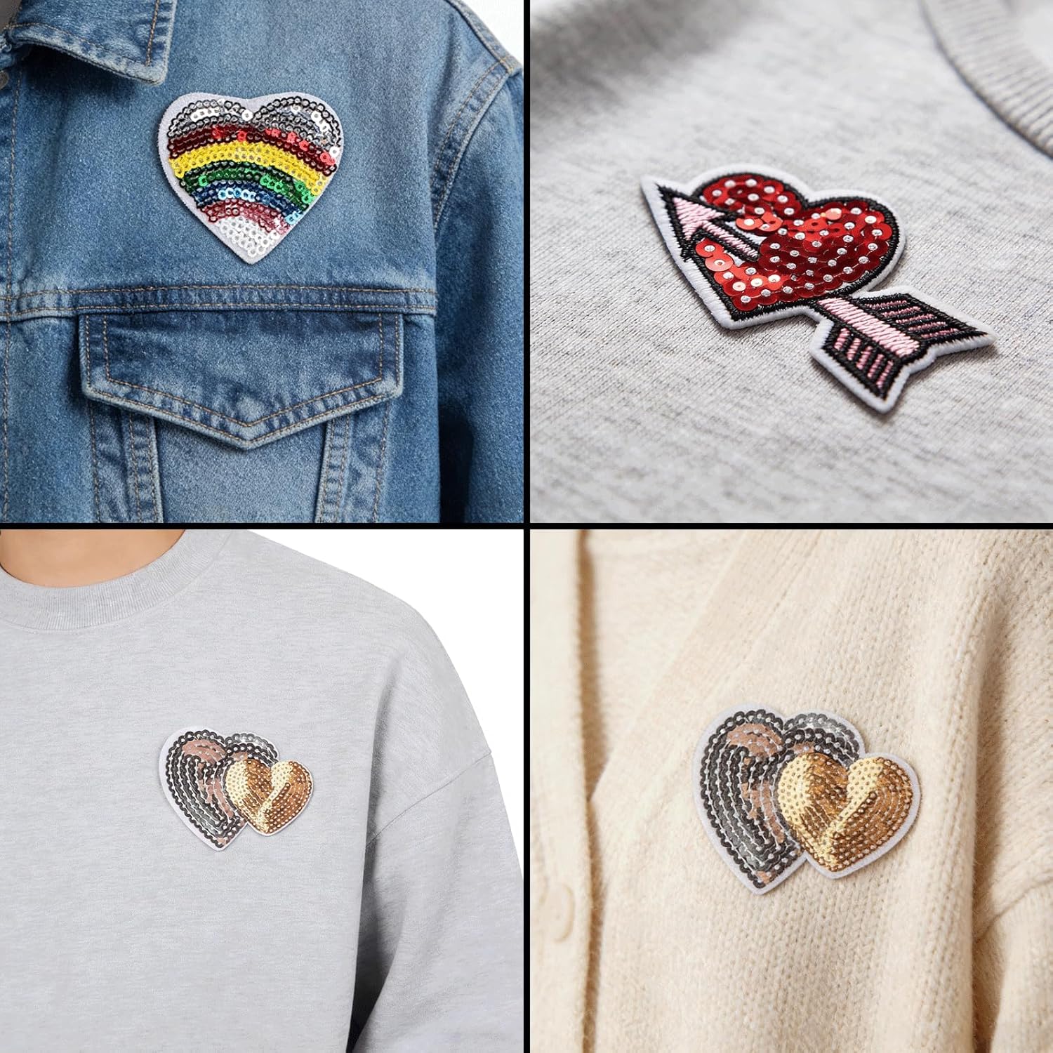 12PCS Sequin Heart Iron on Patches, Love Heart Theme Glitter Embroidered Applique Patches, Valentine's Day Sequin Embroidery Patches for Clothes Backpack Jean Hat Bag DIY Sewing Craft Decoration