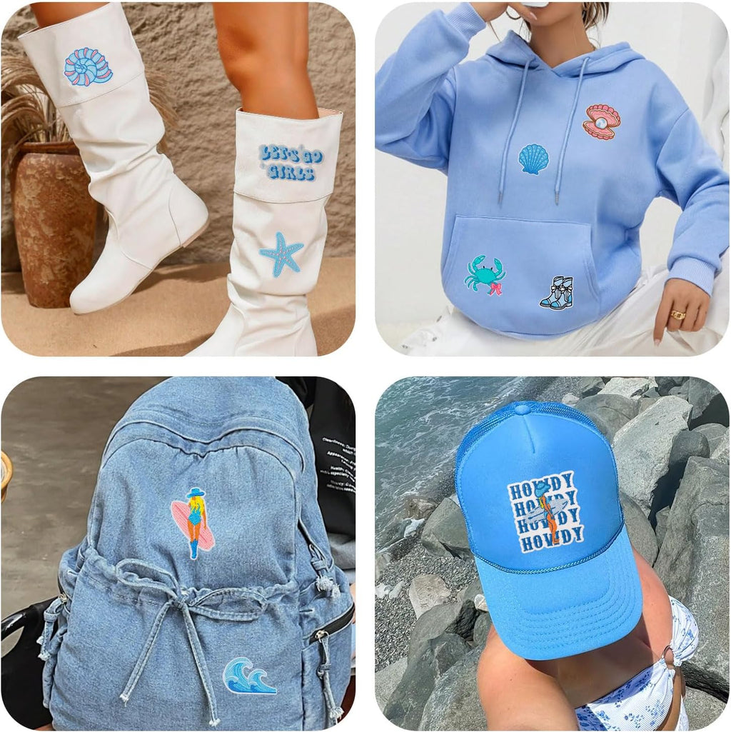 16PCS Coastal Cowgirl Iron On Patches Seahorse Turtle Boots Wave Western Ocean Themed Embroidery Appliques for Denim T-Shirt Jackets Jeans Vests Trucker Hats Backpacks Bags Repair DIY Crafts(Blue)