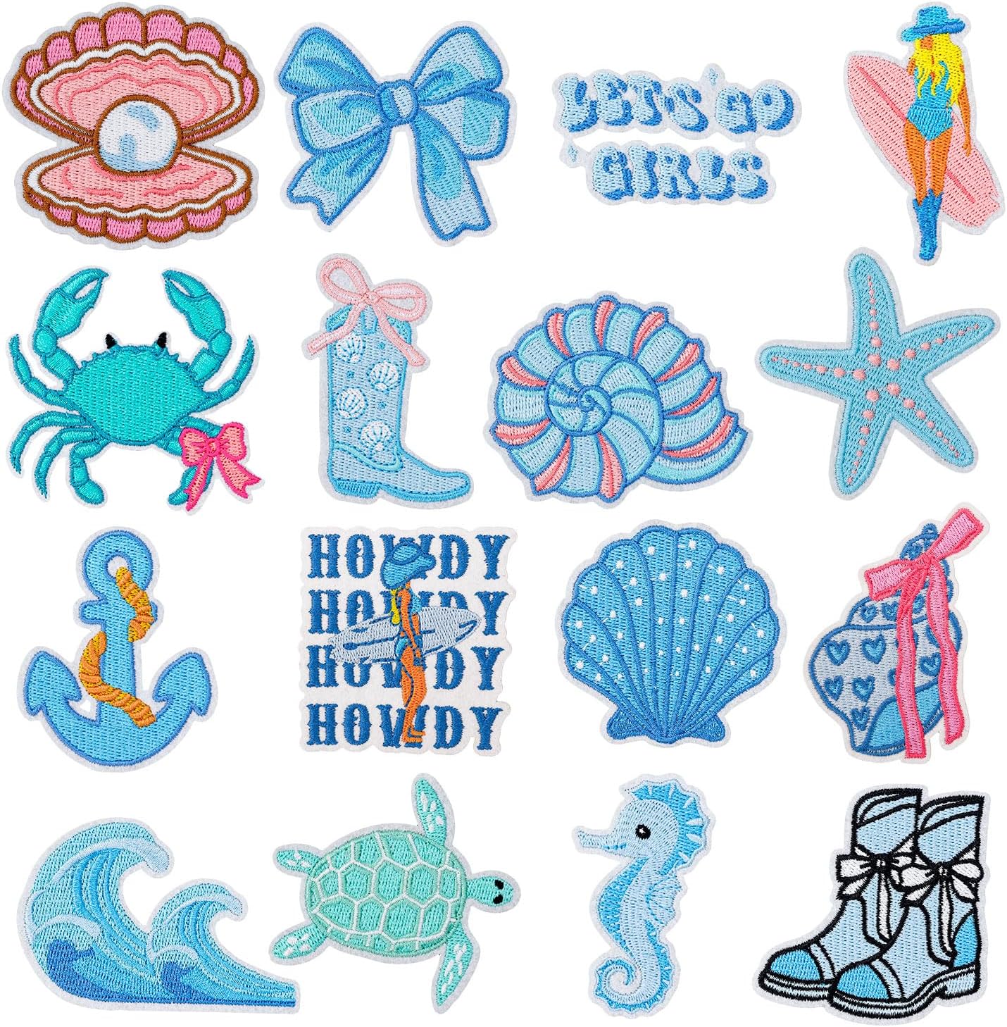 16PCS Coastal Cowgirl Iron On Patches Seahorse Turtle Boots Wave Western Ocean Themed Embroidery Appliques for Denim T-Shirt Jackets Jeans Vests Trucker Hats Backpacks Bags Repair DIY Crafts(Blue)