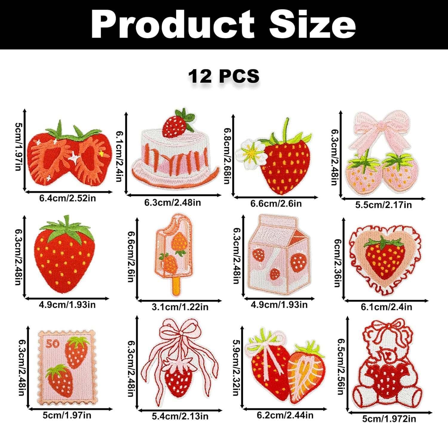 12PCS Pink Strawberry Iron on Patches, Kawaii Embroidered Applique Patch, Food Themed Sew on Emblem, Coquette Aesthetic Embroidery Patches for Clothes Backpack Jeans Jacket Hat Bag DIY Sewing Craft