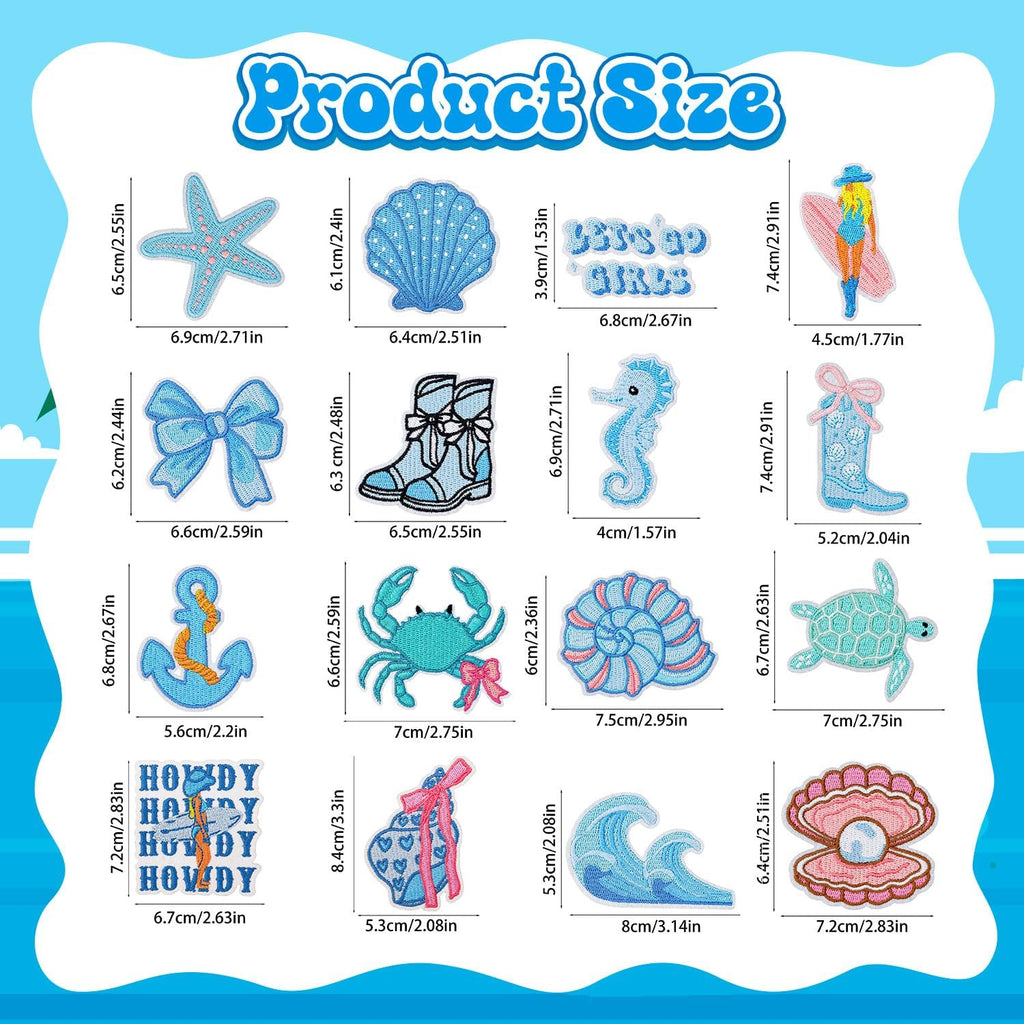 16PCS Coastal Cowgirl Iron On Patches Seahorse Turtle Boots Wave Western Ocean Themed Embroidery Appliques for Denim T-Shirt Jackets Jeans Vests Trucker Hats Backpacks Bags Repair DIY Crafts(Blue)