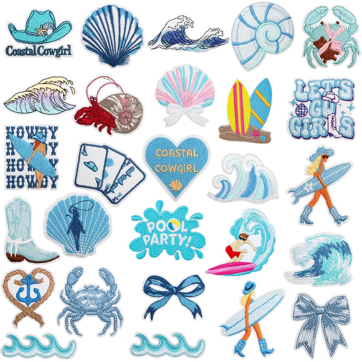 16PCS Coastal Cowgirl Iron On Patches Seahorse Turtle Boots Wave Western Ocean Themed Embroidery Appliques for Denim T-Shirt Jackets Jeans Vests Trucker Hats Backpacks Bags Repair DIY Crafts(Blue)