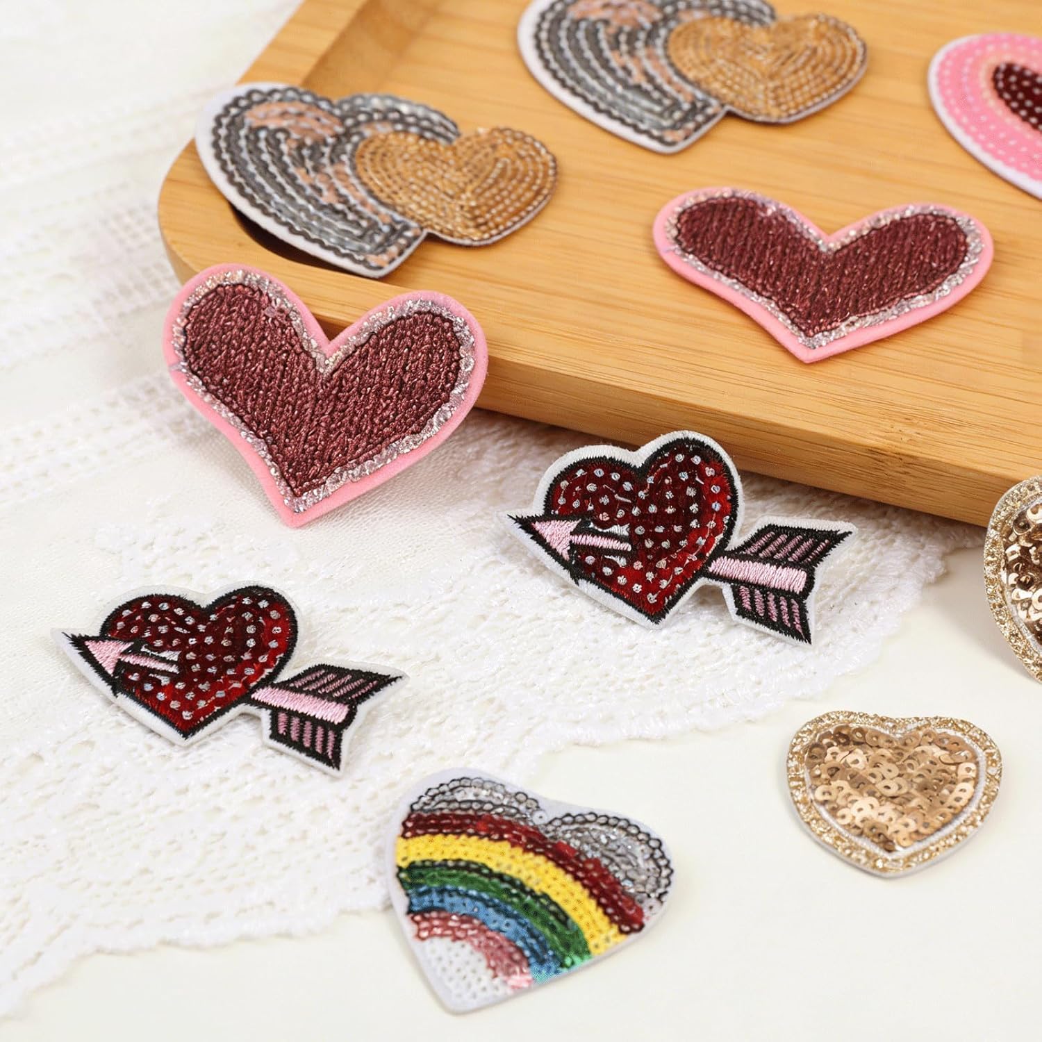 12PCS Sequin Heart Iron on Patches, Love Heart Theme Glitter Embroidered Applique Patches, Valentine's Day Sequin Embroidery Patches for Clothes Backpack Jean Hat Bag DIY Sewing Craft Decoration