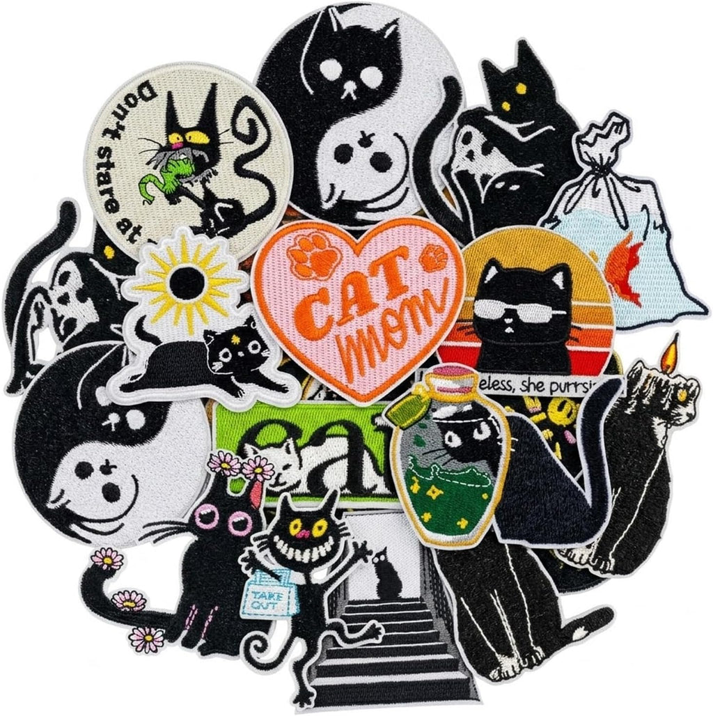 13PCS Black Cat Iron On Patches Aesthetic Meme Style Kitten Patches Funny Cute Cat Embroidery Appliques for Clothing Denim Jackets Jeans Backpacks Trucker Hats Phone Case DIY Crafts Gifts