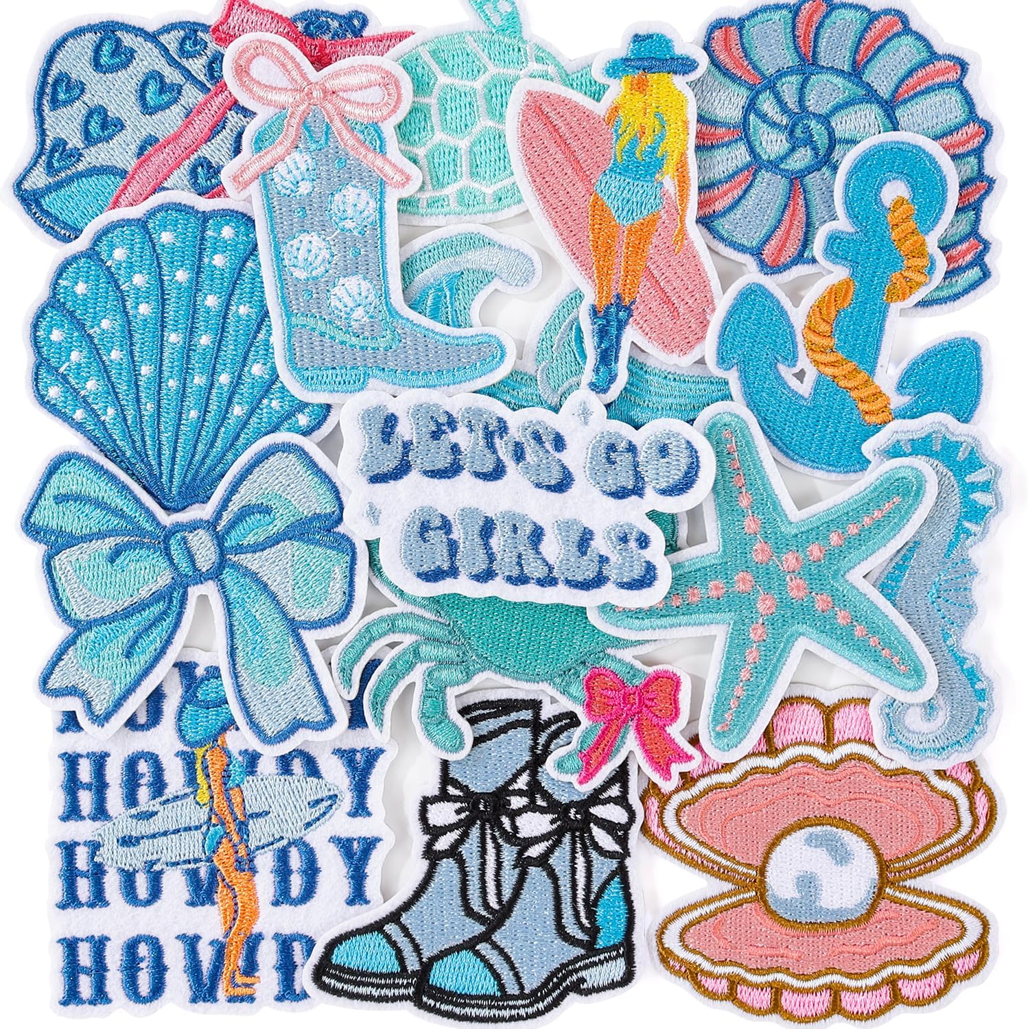 16PCS Coastal Cowgirl Iron On Patches Seahorse Turtle Boots Wave Western Ocean Themed Embroidery Appliques for Denim T-Shirt Jackets Jeans Vests Trucker Hats Backpacks Bags Repair DIY Crafts(Blue)
